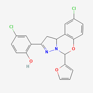 molecular formula C20H14Cl2N2O3 B2624830 4-chloro-2-(9-chloro-5-(furan-2-yl)-5,10b-dihydro-1H-benzo[e]pyrazolo[1,5-c][1,3]oxazin-2-yl)phenol CAS No. 899984-72-6