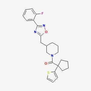 molecular formula C24H26FN3O2S B2624867 (3-((3-(2-Fluorophenyl)-1,2,4-oxadiazol-5-yl)methyl)piperidin-1-yl)(1-(thiophen-2-yl)cyclopentyl)methanone CAS No. 2034632-97-6