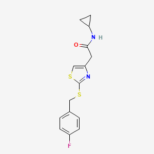 molecular formula C15H15FN2OS2 B2624910 N-cyclopropyl-2-(2-((4-fluorobenzyl)thio)thiazol-4-yl)acetamide CAS No. 941875-61-2