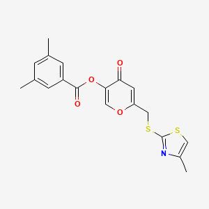 molecular formula C19H17NO4S2 B2624933 6-(((4-methylthiazol-2-yl)thio)methyl)-4-oxo-4H-pyran-3-yl 3,5-dimethylbenzoate CAS No. 896302-23-1