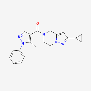 molecular formula C20H21N5O B2625020 (2-cyclopropyl-6,7-dihydropyrazolo[1,5-a]pyrazin-5(4H)-yl)(5-methyl-1-phenyl-1H-pyrazol-4-yl)methanone CAS No. 2034293-72-4