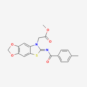 molecular formula C19H16N2O5S B2625093 (Z)-methyl 2-(6-((4-methylbenzoyl)imino)-[1,3]dioxolo[4',5':4,5]benzo[1,2-d]thiazol-7(6H)-yl)acetate CAS No. 895450-47-2