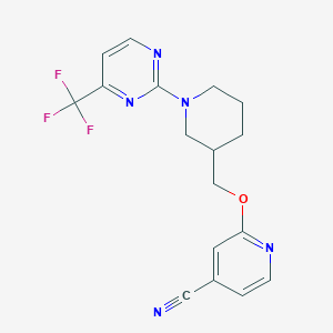 molecular formula C17H16F3N5O B2625176 2-[[1-[4-(Trifluoromethyl)pyrimidin-2-yl]piperidin-3-yl]methoxy]pyridine-4-carbonitrile CAS No. 2380142-70-9