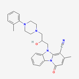 molecular formula C27H29N5O2 B2625207 5-{2-Hydroxy-3-[4-(2-methylphenyl)piperazin-1-yl]propyl}-3-methyl-1-oxo-1,5-dihydropyrido[1,2-a]benzimidazole-4-carbonitrile CAS No. 831177-54-9