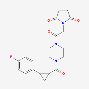 molecular formula C20H22FN3O4 B2625211 1-(2-(4-(2-(4-Fluorophenyl)cyclopropanecarbonyl)piperazin-1-yl)-2-oxoethyl)pyrrolidine-2,5-dione CAS No. 1208543-85-4