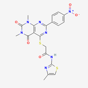 molecular formula C20H17N7O5S2 B2625261 2-((6,8-dimethyl-2-(4-nitrophenyl)-5,7-dioxo-5,6,7,8-tetrahydropyrimido[4,5-d]pyrimidin-4-yl)thio)-N-(4-methylthiazol-2-yl)acetamide CAS No. 847190-62-9