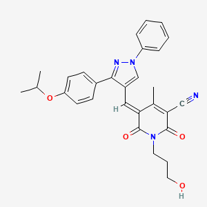 molecular formula C29H28N4O4 B2625341 (5E)-1-(3-hydroxypropyl)-4-methyl-2,6-dioxo-5-({1-phenyl-3-[4-(propan-2-yloxy)phenyl]-1H-pyrazol-4-yl}methylidene)-1,2,5,6-tetrahydropyridine-3-carbonitrile CAS No. 956189-22-3