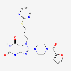molecular formula C22H24N8O4S B2625375 8-(4-(furan-2-carbonyl)piperazin-1-yl)-3-methyl-7-(3-(pyrimidin-2-ylthio)propyl)-1H-purine-2,6(3H,7H)-dione CAS No. 872627-67-3