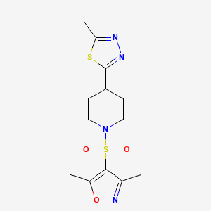 molecular formula C13H18N4O3S2 B2625380 3,5-Dimethyl-4-((4-(5-methyl-1,3,4-thiadiazol-2-yl)piperidin-1-yl)sulfonyl)isoxazole CAS No. 1396759-31-1