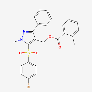 molecular formula C25H21BrN2O4S B2625381 {5-[(4-溴苯基)磺酰基]-1-甲基-3-苯基-1H-吡唑-4-基}甲基 2-甲基苯甲酸酯 CAS No. 318289-22-4
