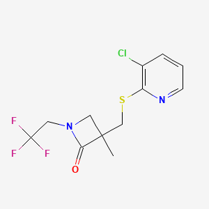 molecular formula C12H12ClF3N2OS B2625383 3-[(3-Chloropyridin-2-yl)sulfanylmethyl]-3-methyl-1-(2,2,2-trifluoroethyl)azetidin-2-one CAS No. 2249617-53-4