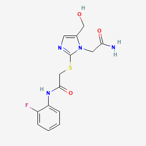 2-((1-(2-amino-2-oxoethyl)-5-(hydroxymethyl)-1H-imidazol-2-yl)thio)-N-(2-fluorophenyl)acetamide