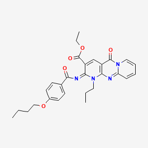 molecular formula C28H30N4O5 B2625456 (E)-ethyl 2-((4-butoxybenzoyl)imino)-5-oxo-1-propyl-2,5-dihydro-1H-dipyrido[1,2-a:2',3'-d]pyrimidine-3-carboxylate CAS No. 685859-62-5