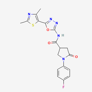 molecular formula C18H16FN5O3S B2625615 N-(5-(2,4-dimethylthiazol-5-yl)-1,3,4-oxadiazol-2-yl)-1-(4-fluorophenyl)-5-oxopyrrolidine-3-carboxamide CAS No. 1324466-03-6