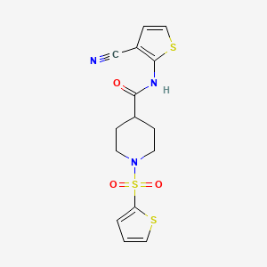 molecular formula C15H15N3O3S3 B2625617 N-(3-氰基噻吩-2-基)-1-(噻吩-2-基磺酰基)哌啶-4-甲酰胺 CAS No. 900001-18-5
