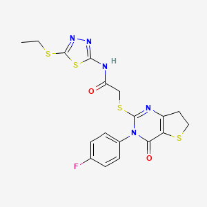 molecular formula C18H16FN5O2S4 B2625670 N-(5-(乙硫基)-1,3,4-噻二唑-2-基)-2-((3-(4-氟苯基)-4-氧代-3,4,6,7-四氢噻吩并[3,2-d]嘧啶-2-基)硫代)乙酰胺 CAS No. 362501-63-1