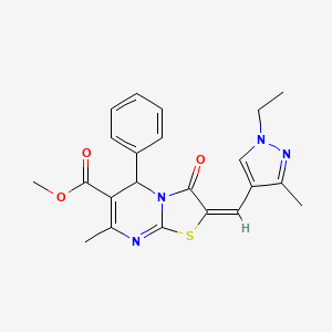 molecular formula C22H22N4O3S B2625681 (E)-methyl 2-((1-ethyl-3-methyl-1H-pyrazol-4-yl)methylene)-7-methyl-3-oxo-5-phenyl-3,5-dihydro-2H-thiazolo[3,2-a]pyrimidine-6-carboxylate CAS No. 492455-92-2