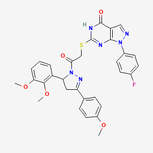 molecular formula C31H27FN6O5S B2625690 6-((2-(5-(2,3-dimethoxyphenyl)-3-(4-methoxyphenyl)-4,5-dihydro-1H-pyrazol-1-yl)-2-oxoethyl)thio)-1-(4-fluorophenyl)-1H-pyrazolo[3,4-d]pyrimidin-4(5H)-one CAS No. 534593-65-2