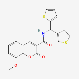 molecular formula C20H15NO4S2 B2625696 8-methoxy-2-oxo-N-(thiophen-2-yl(thiophen-3-yl)methyl)-2H-chromene-3-carboxamide CAS No. 2034305-82-1