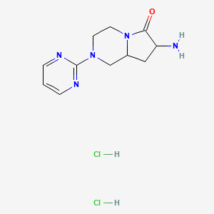 molecular formula C11H17Cl2N5O B2625751 7-Amino-2-pyrimidin-2-yl-1,3,4,7,8,8a-hexahydropyrrolo[1,2-a]pyrazin-6-one;dihydrochloride CAS No. 2241138-34-9