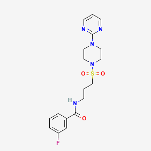 molecular formula C18H22FN5O3S B2625839 3-fluoro-N-(3-((4-(pyrimidin-2-yl)piperazin-1-yl)sulfonyl)propyl)benzamide CAS No. 1021221-48-6