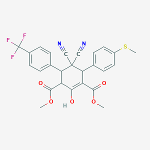 molecular formula C26H21F3N2O5S B2625872 Dimethyl 5,5-dicyano-2-hydroxy-6-[4-(methylsulfanyl)phenyl]-4-[4-(trifluoromethyl)phenyl]-1-cyclohexene-1,3-dicarboxylate CAS No. 1212184-75-2