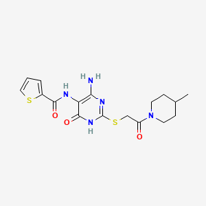 molecular formula C17H21N5O3S2 B2625892 N-(4-amino-2-((2-(4-methylpiperidin-1-yl)-2-oxoethyl)thio)-6-oxo-1,6-dihydropyrimidin-5-yl)thiophene-2-carboxamide CAS No. 868225-33-6