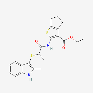molecular formula C22H24N2O3S2 B2625906 ethyl 2-(2-((2-methyl-1H-indol-3-yl)thio)propanamido)-5,6-dihydro-4H-cyclopenta[b]thiophene-3-carboxylate CAS No. 536702-08-6