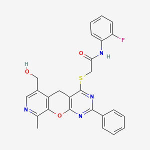 molecular formula C26H21FN4O3S B2625917 N-(2-fluorophenyl)-2-((6-(hydroxymethyl)-9-methyl-2-phenyl-5H-pyrido[4',3':5,6]pyrano[2,3-d]pyrimidin-4-yl)thio)acetamide CAS No. 892379-14-5