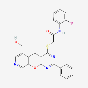 molecular formula C26H21FN4O3S B2625917 N-(2-氟苯基)-2-((6-(羟甲基)-9-甲基-2-苯基-5H-吡啶并[4',3':5,6]吡喃并[2,3-d]嘧啶-4-基)硫代)乙酰胺 CAS No. 892379-14-5