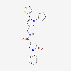 molecular formula C24H26N4O2S B2625919 N-((1-cyclopentyl-5-(thiophen-2-yl)-1H-pyrazol-3-yl)methyl)-5-oxo-1-phenylpyrrolidine-3-carboxamide CAS No. 1421513-22-5
