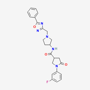 molecular formula C24H24FN5O3 B2625923 1-(3-fluorophenyl)-5-oxo-N-(1-((5-phenyl-1,2,4-oxadiazol-3-yl)methyl)pyrrolidin-3-yl)pyrrolidine-3-carboxamide CAS No. 1421485-50-8