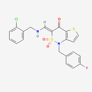 molecular formula C21H16ClFN2O3S2 B2625926 (3Z)-3-{[(2-chlorobenzyl)amino]methylene}-1-(4-fluorobenzyl)-1H-thieno[3,2-c][1,2]thiazin-4(3H)-one 2,2-dioxide CAS No. 894682-85-0