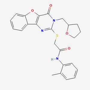 molecular formula C24H23N3O4S B2625936 N-(2-methylphenyl)-2-{[4-oxo-3-(tetrahydrofuran-2-ylmethyl)-3,4-dihydro[1]benzofuro[3,2-d]pyrimidin-2-yl]sulfanyl}acetamide CAS No. 899754-82-6