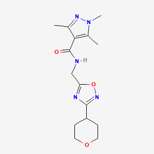 molecular formula C15H21N5O3 B2625952 1,3,5-trimethyl-N-((3-(tetrahydro-2H-pyran-4-yl)-1,2,4-oxadiazol-5-yl)methyl)-1H-pyrazole-4-carboxamide CAS No. 2034536-00-8