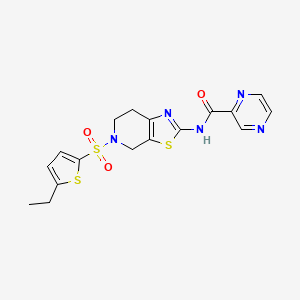 molecular formula C17H17N5O3S3 B2625964 N-(5-((5-ethylthiophen-2-yl)sulfonyl)-4,5,6,7-tetrahydrothiazolo[5,4-c]pyridin-2-yl)pyrazine-2-carboxamide CAS No. 1351621-48-1