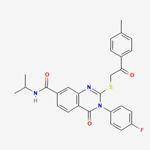 molecular formula C27H24FN3O3S B2625965 3-(4-fluorophenyl)-N-isopropyl-2-{[2-(4-methylphenyl)-2-oxoethyl]thio}-4-oxo-3,4-dihydroquinazoline-7-carboxamide CAS No. 1113137-88-4
