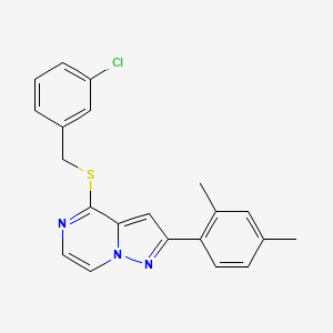 molecular formula C21H18ClN3S B2626033 4-[(3-Chlorobenzyl)thio]-2-(2,4-dimethylphenyl)pyrazolo[1,5-a]pyrazine CAS No. 1207030-92-9