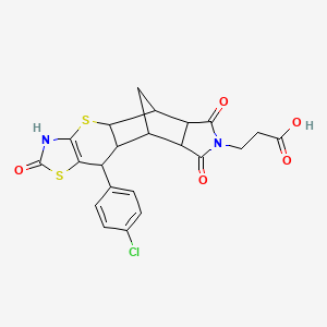 molecular formula C22H19ClN2O5S2 B2626042 3-((4aR,5R,5aR,8aR,9S)-10-(4-chlorophenyl)-2,6,8-trioxo-2,3,4a,5,5a,6,8a,9,9a,10-decahydro-5,9-methanothiazolo[5',4':5,6]thiopyrano[2,3-f]isoindol-7(8H)-yl)propanoic acid CAS No. 1177663-94-3