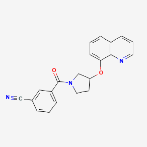 molecular formula C21H17N3O2 B2626081 3-(3-(Quinolin-8-yloxy)pyrrolidine-1-carbonyl)benzonitrile CAS No. 1904200-71-0