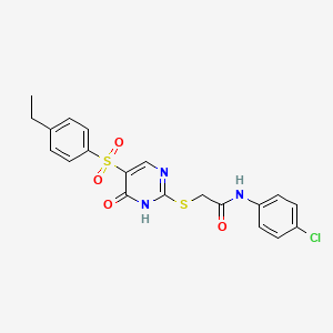 molecular formula C20H18ClN3O4S2 B2626103 N-(4-chlorophenyl)-2-[[5-(4-ethylphenyl)sulfonyl-6-oxo-1H-pyrimidin-2-yl]sulfanyl]acetamide CAS No. 866865-93-2