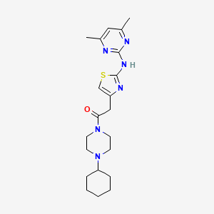 molecular formula C21H30N6OS B2626105 1-(4-Cyclohexylpiperazin-1-yl)-2-(2-((4,6-dimethylpyrimidin-2-yl)amino)thiazol-4-yl)ethanone CAS No. 1251615-55-0