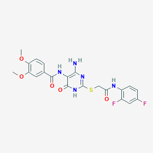 molecular formula C21H19F2N5O5S B2626200 N-(4-amino-2-((2-((2,4-difluorophenyl)amino)-2-oxoethyl)thio)-6-oxo-1,6-dihydropyrimidin-5-yl)-3,4-dimethoxybenzamide CAS No. 868227-07-0