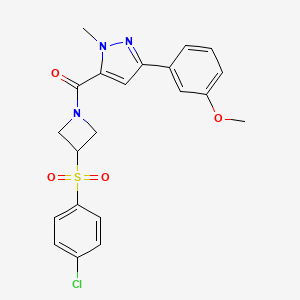 molecular formula C21H20ClN3O4S B2626259 (3-((4-氯苯基)磺酰基)氮杂环丁-1-基)(3-(3-甲氧基苯基)-1-甲基-1H-吡唑-5-基)甲酮 CAS No. 1797699-37-6
