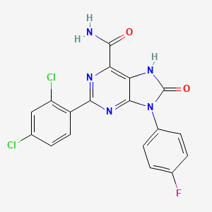 molecular formula C18H10Cl2FN5O2 B2626269 2-(2,4-二氯苯基)-9-(4-氟苯基)-8-氧代-8,9-二氢-7H-嘌呤-6-甲酰胺 CAS No. 869069-10-3