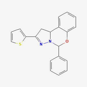 molecular formula C20H16N2OS B2626307 4-Phenyl-2-thiophen-2-yl-1,9b-dihydro-5-oxa-3,3a-diaza-cyclopenta[a]naphthalene CAS No. 332062-49-4