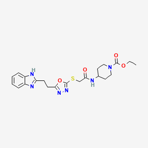 molecular formula C21H26N6O4S B2626320 4-(2-((5-(2-(1H-苯并[d]咪唑-2-基)乙基)-1,3,4-恶二唑-2-基)硫代)乙酰氨基)哌啶-1-羧酸乙酯 CAS No. 1324332-07-1