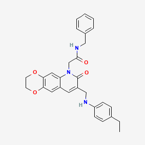 molecular formula C29H29N3O4 B2626324 N-benzyl-2-(8-(((4-ethylphenyl)amino)methyl)-7-oxo-2,3-dihydro-[1,4]dioxino[2,3-g]quinolin-6(7H)-yl)acetamide CAS No. 932470-55-8