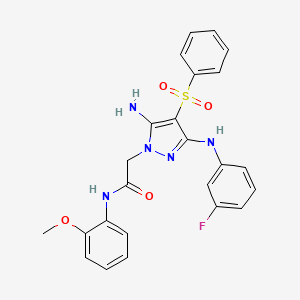 molecular formula C24H22FN5O4S B2626338 2-(5-amino-3-((3-fluorophenyl)amino)-4-(phenylsulfonyl)-1H-pyrazol-1-yl)-N-(2-methoxyphenyl)acetamide CAS No. 1020502-20-8
