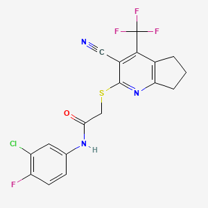 molecular formula C18H12ClF4N3OS B2626339 N-(3-chloro-4-fluorophenyl)-2-{[3-cyano-4-(trifluoromethyl)-6,7-dihydro-5H-cyclopenta[b]pyridin-2-yl]sulfanyl}acetamide CAS No. 626227-14-3